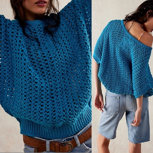 Free People We The Free Sophia Sweater Tee in Blue Size Medium  NWOT - Picture 1 of 5